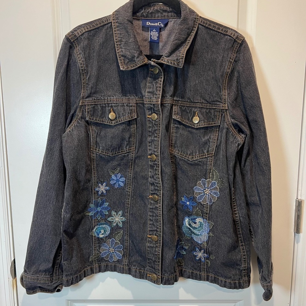 Denim & Co Womens Denim Jacket Floral Embroidery Dark Wash Gray Large